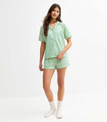 Green Poplin Heart Stripe Print Revere Collar Pyjama Set