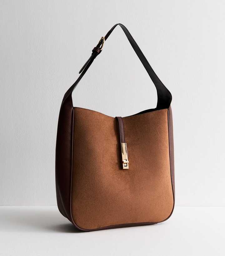 Brown Panelled Faux Suede Hobo Bag 