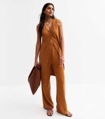 Tan Textured Wide Leg Trousers