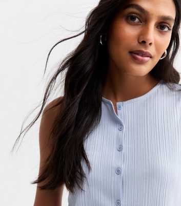Light Blue Textured Ribbed Crew Neck Button Up Vest