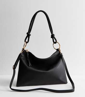 Black Grained Faux Leather Slouch Shoulder Bag 