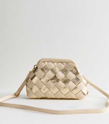 Cream Metallic Weave Pouch Clutch Bag 