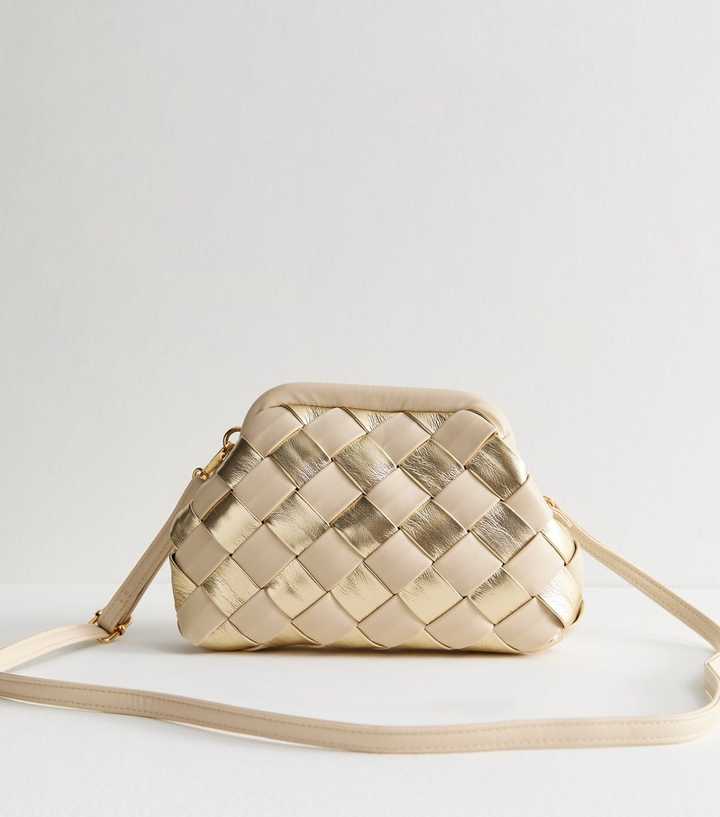 Cream Metallic Weave Pouch Clutch Bag 