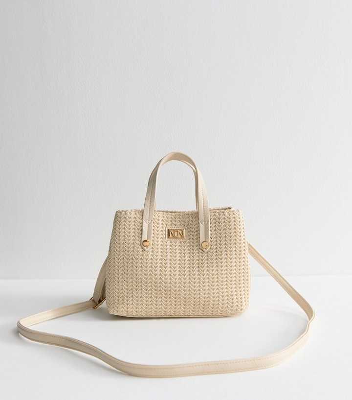 Cream Faux Leather Woven Mini Tote Bag