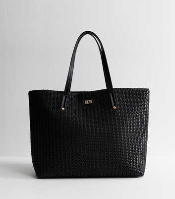 Black Faux Leather Woven Large Tote Bag