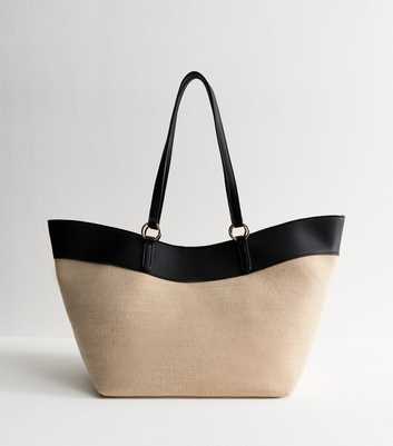 Stone Canvas and Faux Leather Large Winged Tote Bag