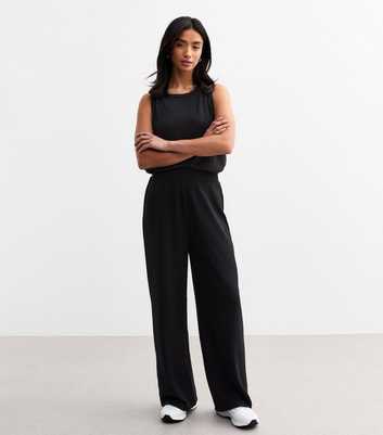 Petite Black Textured Wide Leg Trousers 