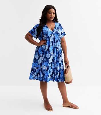 Blue Vanilla Curve Blue Floral Print V-Neck Smock Dress