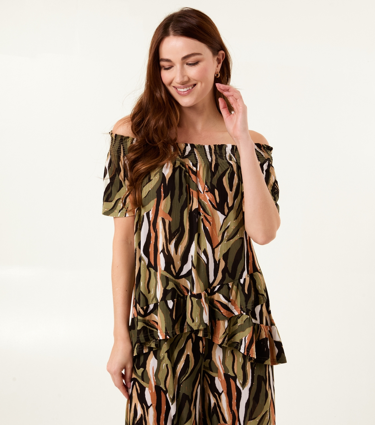 Women's Light Khaki Plisse Printed Bardot Top Blue Vanilla New Look