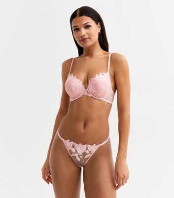 Pink Floral Applique Mesh Thong