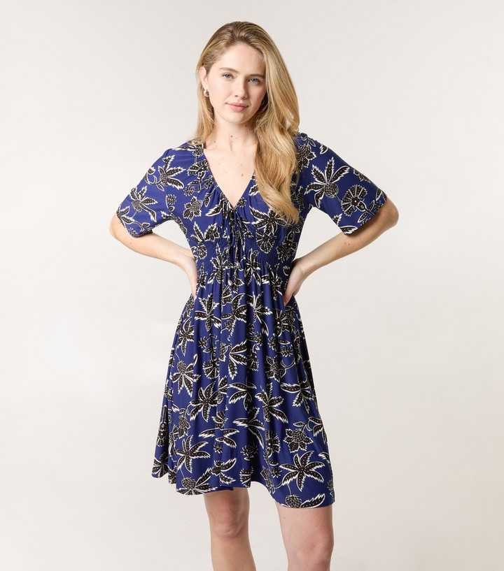 Blue Vanilla Navy Floral V Neck Mini Dress