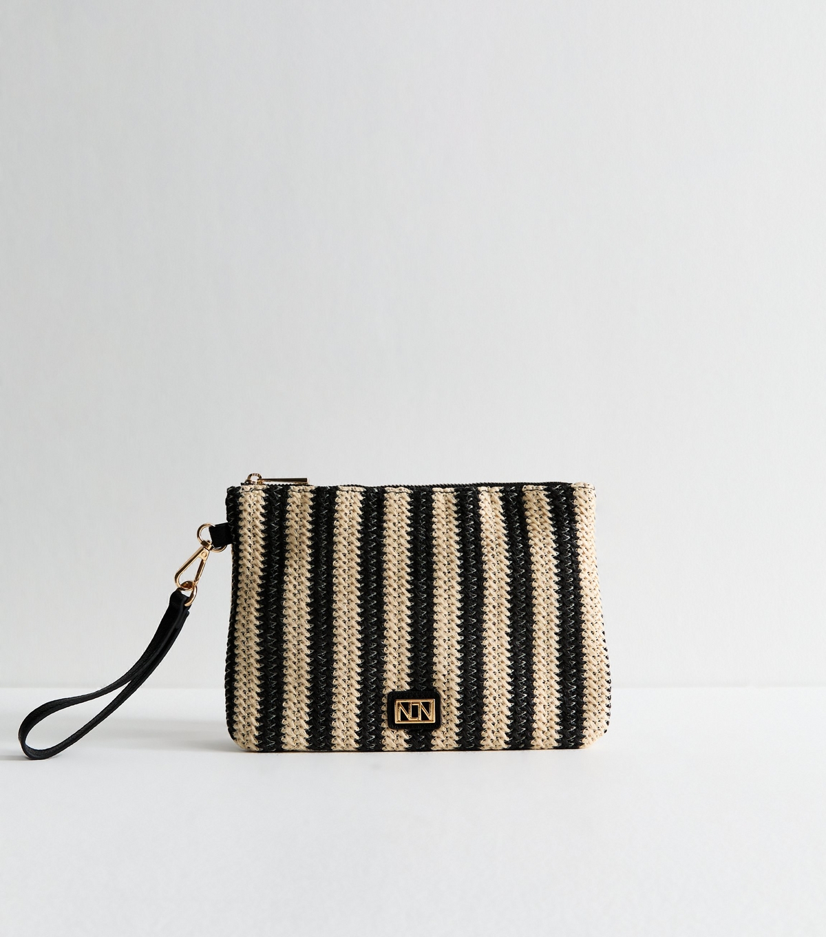 Black Raffia Look Striped Pouch New Look