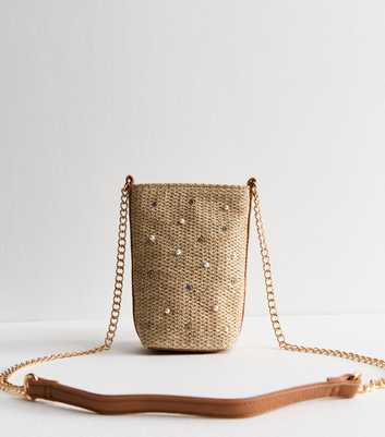 Brown Diamante Embellished Raffia Look Crossbody Phone Bag