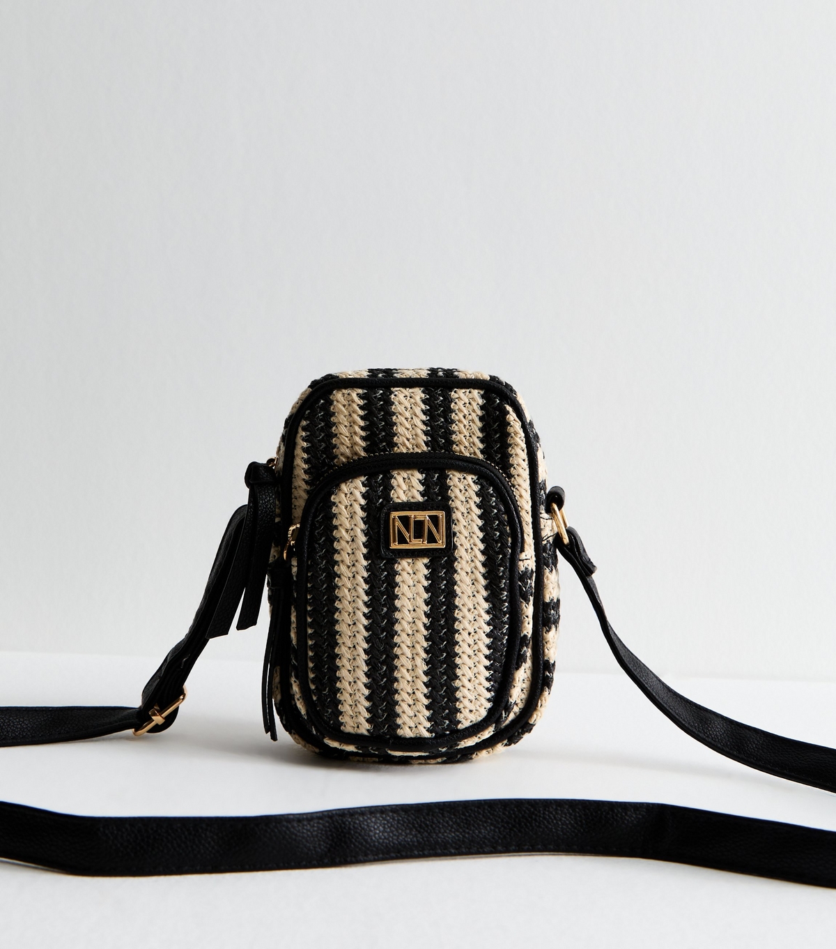 Black Striped Raffia Look Crossbody Phone Bag New Look