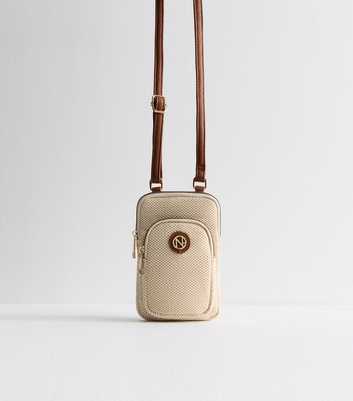 Stone Canvas Check Pattern Crossbody Phone Bag 