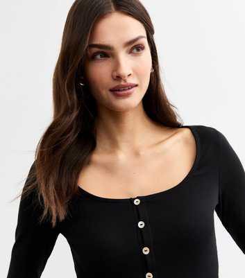 Black Ribbed Button Detail Long Sleeve Top