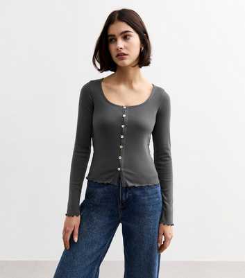 Grey Ribbed Button Detail Long Sleeve Top