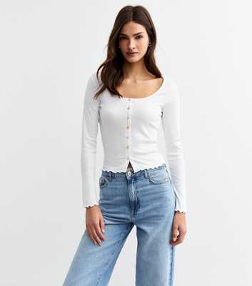 White Ribbed Button Detail Long Sleeve Top