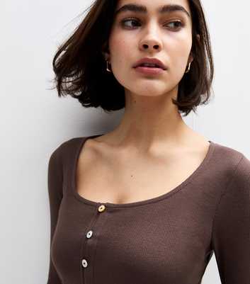 Dark Brown Ribbed Button Detail Long Sleeve Top