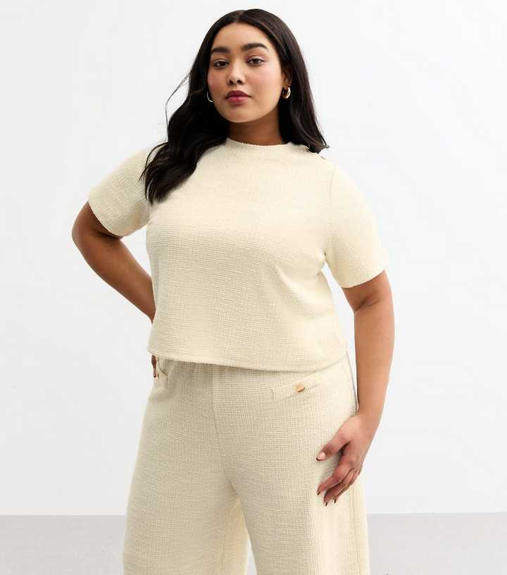 Curves Textured Button Detail Crop T-Shirt