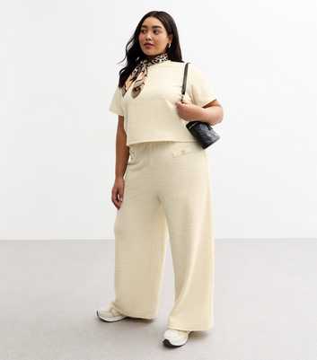 Curves Cream Textured Button Detail Wide Leg Trousers