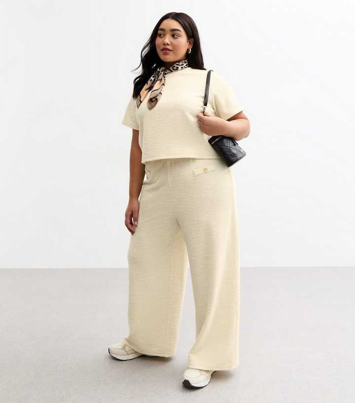 Curves Cream Textured Button Detail Wide Leg Trousers