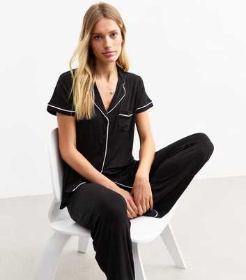 Black Piped Trim Jersey Pyjama Set