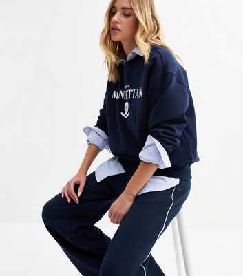 Navy Contrast Piping Wide Leg Jersey Joggers