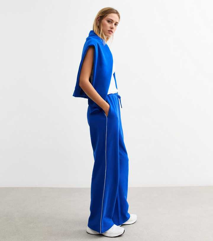 Bright Blue Contrast Piping Wide Leg Jersey Joggers
