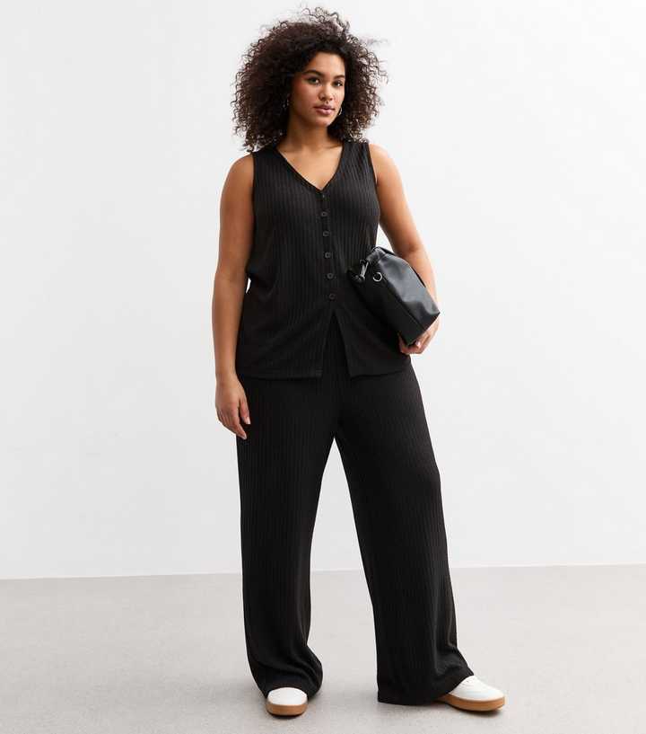 Curves Black Ribbed Wide Leg Trousers