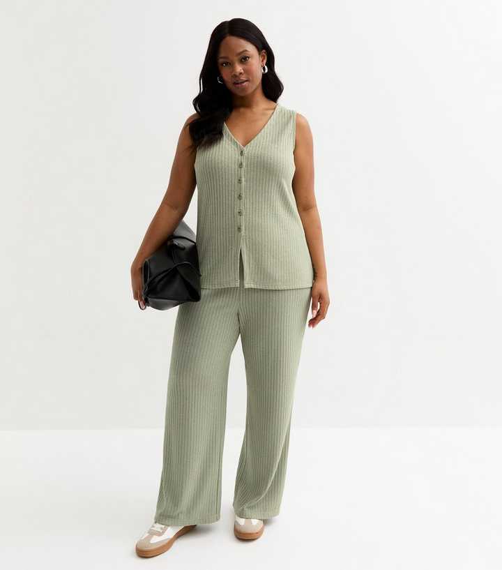 Curves Light Khaki Ribbed Wide Leg Trousers 
