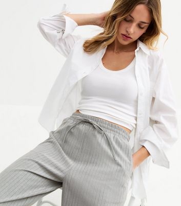 Grey Striped Drawstring Waist Trousers