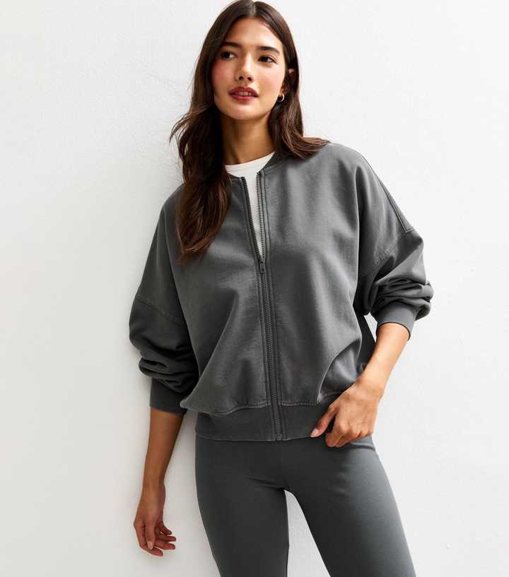Dark Grey Acid Wash Zipped Jersey Bomber Jacket New Look