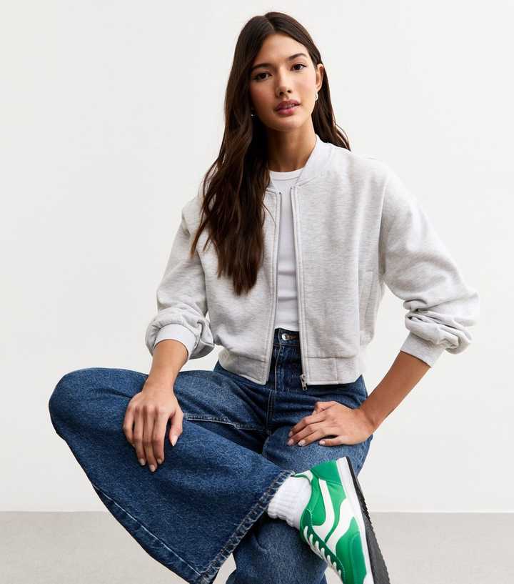 Light Grey Zip Up Cropped Bomber Jacket