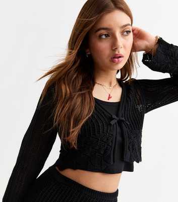 Girls Black Tie Front Cropped Cardigan