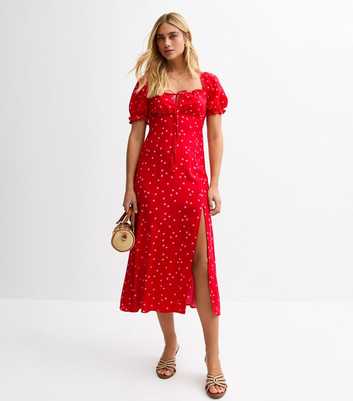 Red Polka Dot Milkmaid Midi Dress