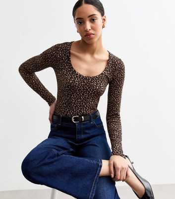 Brown Leopard Print Scoop Neck Top