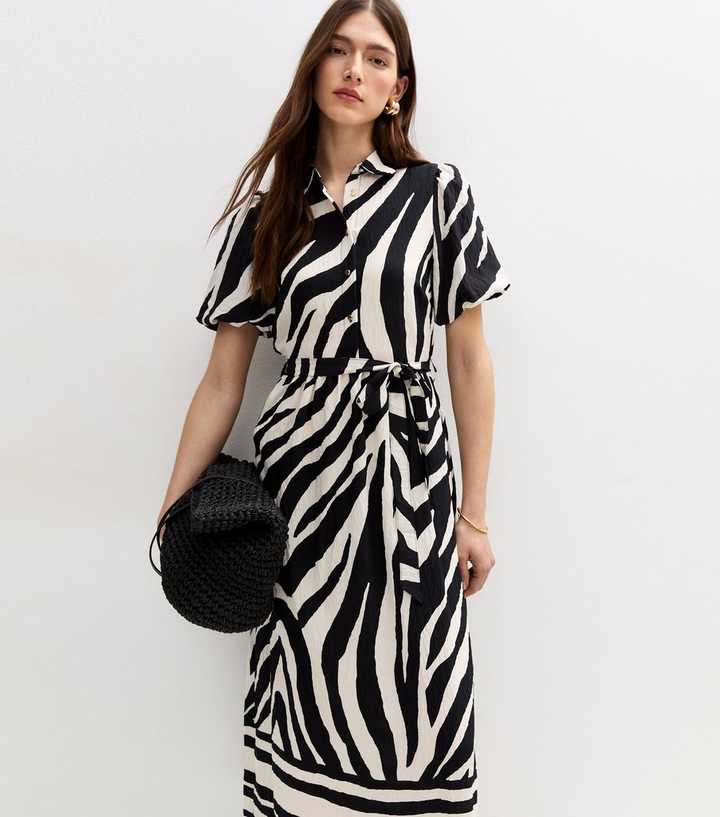 Black Zebra Print Puff Sleeve Shirt Dress