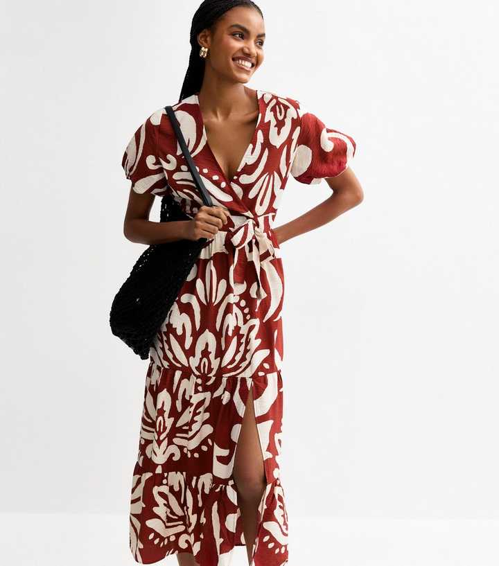 Tall Red Floral Print Crinkle Texture Tiered Wrap Midi Dress