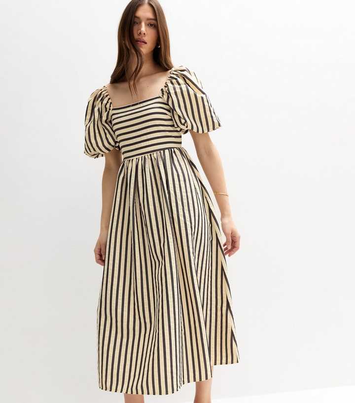 Cream Striped Puffed Sleeve Midi Dress | New Look