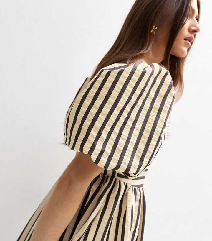 Cream Striped Puffed Sleeve Midi Dress | New Look