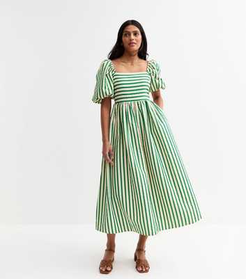 Green Striped Puffed Sleeve Midi Dress