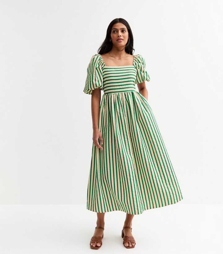 Green Striped Puffed Sleeve Midi Dress