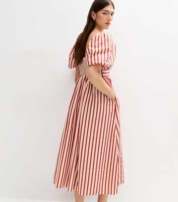 Red Striped Woven Puff Sleeve Milkmaid Midi Dress