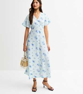 Blue Rose Print Button Through Midi Tea Dress