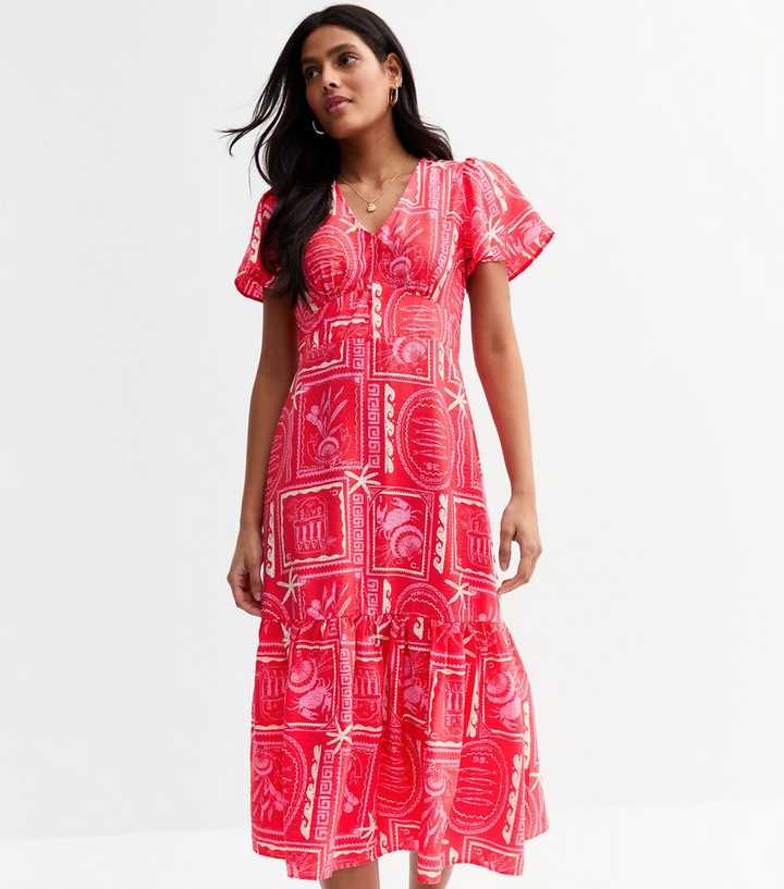 Pink Sea Print Tiered Midi Dress