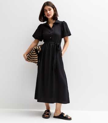 Black Crinkle Textured Puff Sleeve Belted Midi Dress