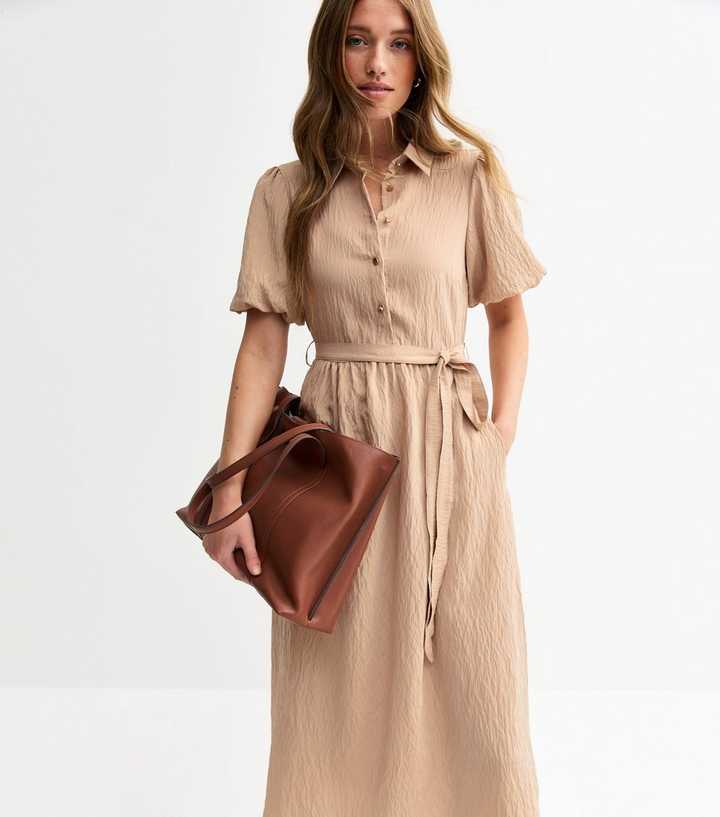 Camel Crinkle Textured Puff Sleeve Belted Midi Dress