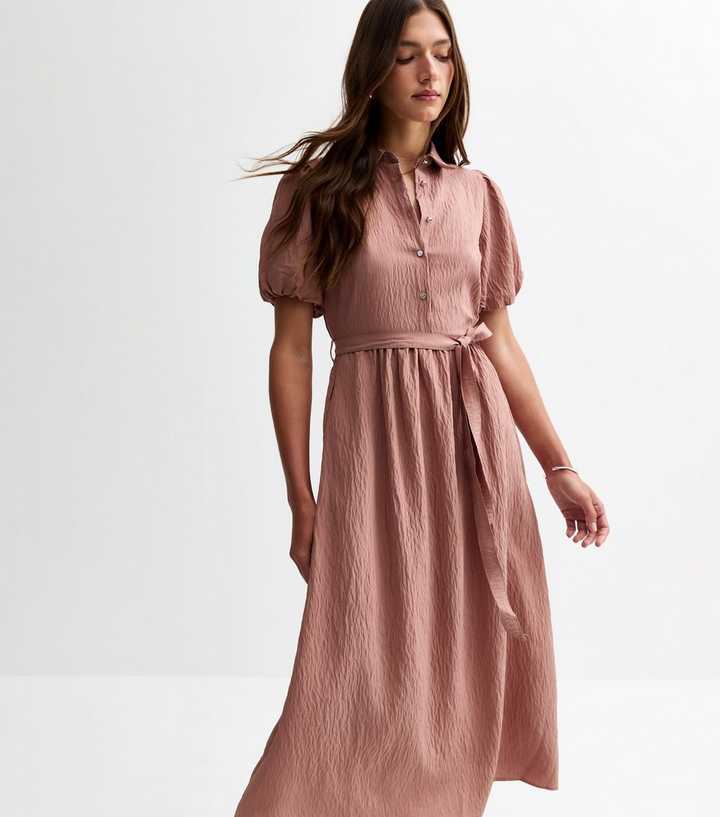 Pink Crinkle Textured Puff Sleeve Belted Midi Dress