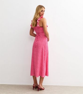 Pink Polka Dot Ruffle Trimmed Midi Dress New Look